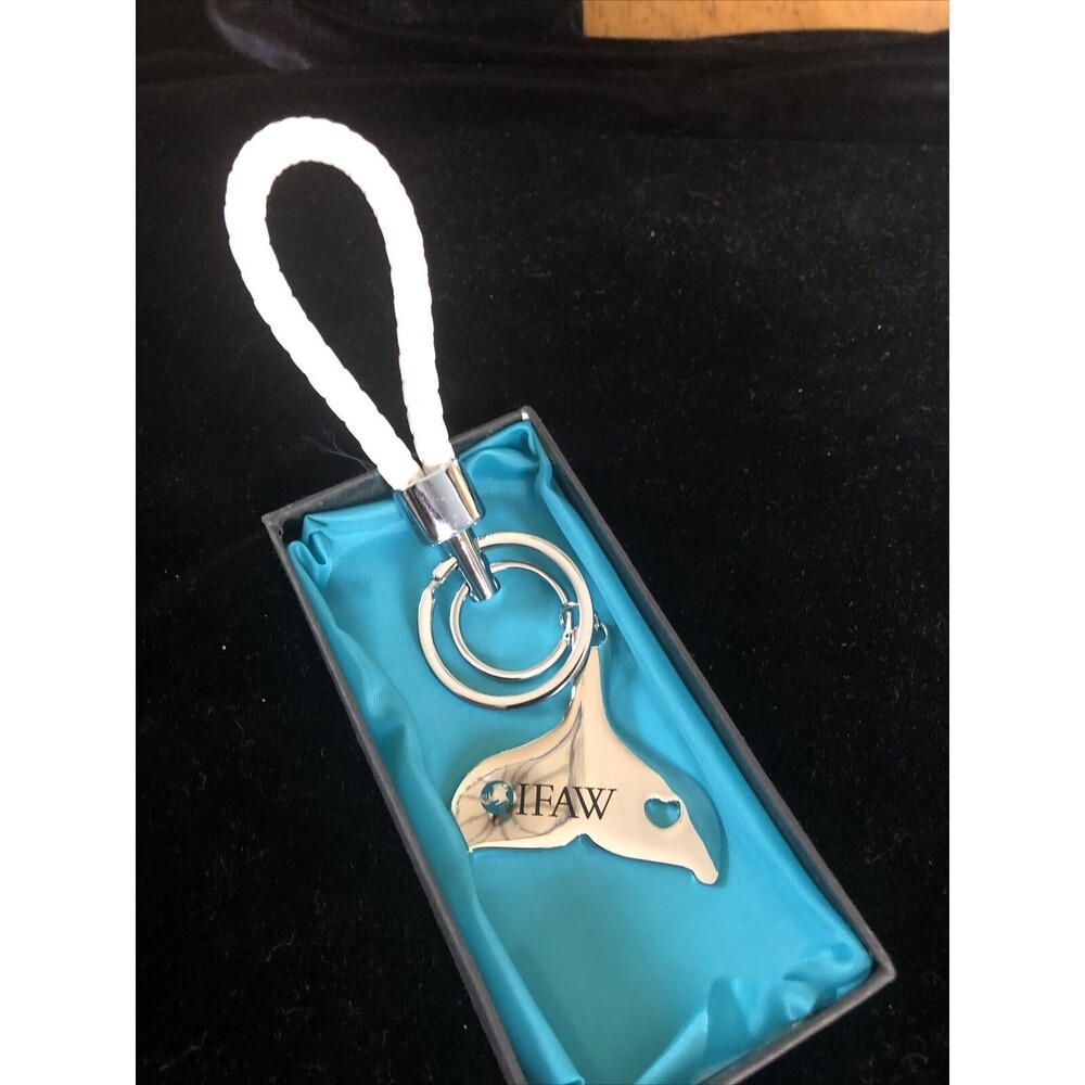 Silver tone IFAW Whale Tail Keychain In Box 2 Key Rings, Tail, Rope With Box - Picture 3 of 4